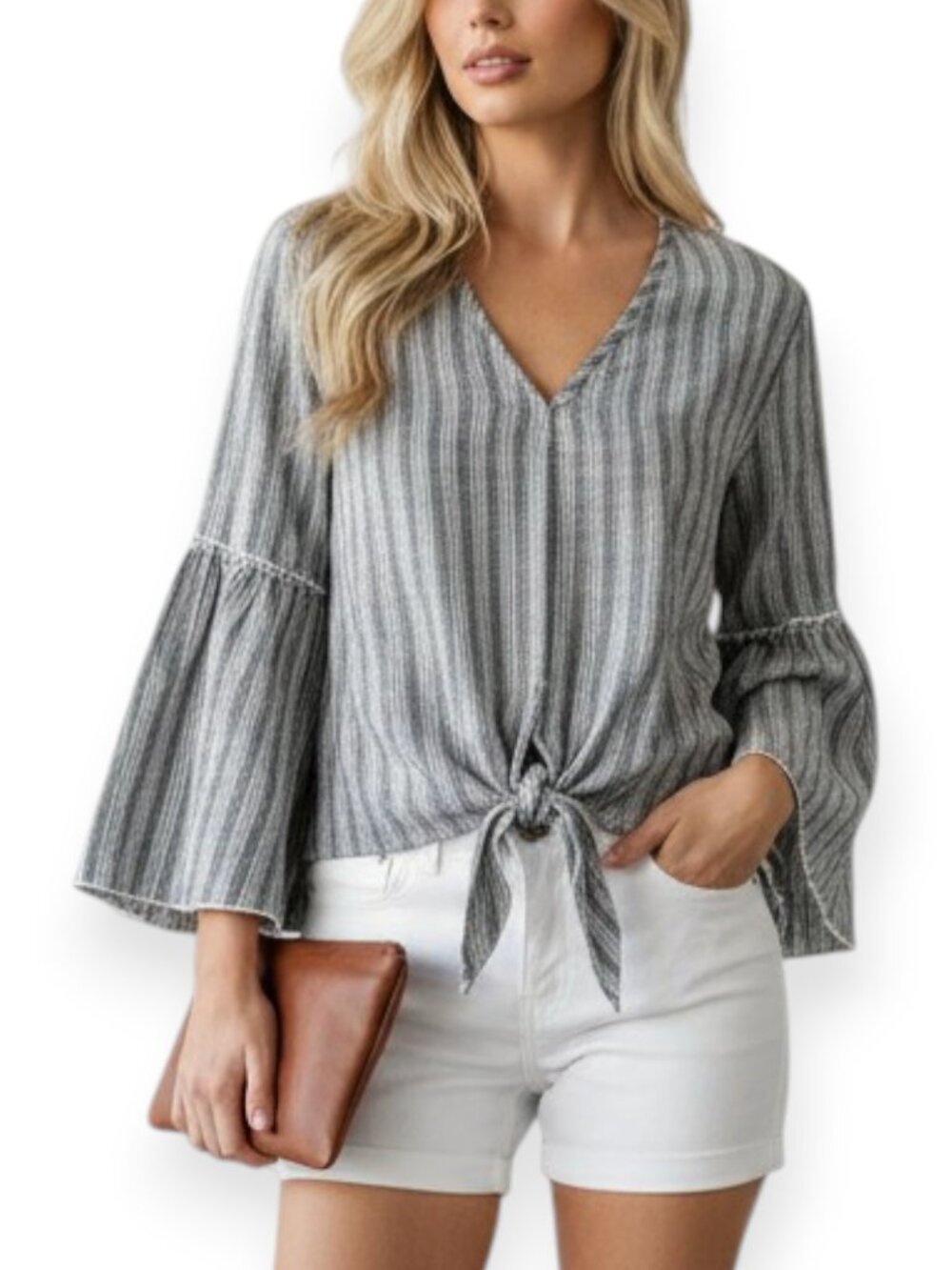 LAVENDER Field Anthropologie Women's Tie Front Bell Sleeve V-Neck Boho Top Small